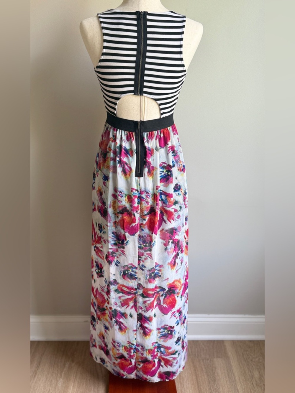 Xhilaration Black & White Striped Top Floral Sleeveless Maxi Dress - Picture 4 of 5